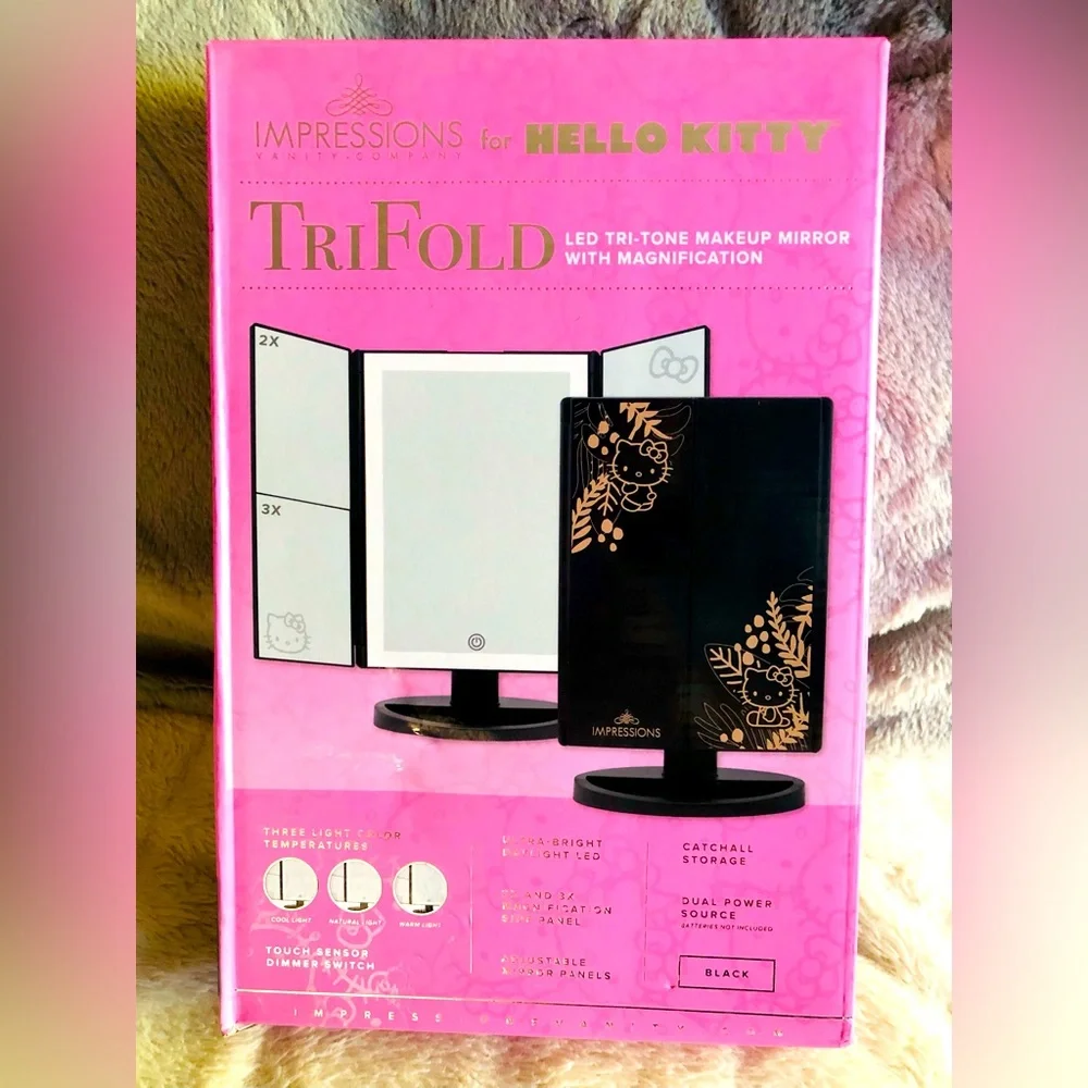 Hello Kitty Impressions Black Tri Fold Vanity Mirror LED Magnification NEW